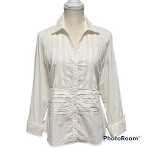 Paperwhite Feminine Ecru button front cuffed sleeves classic tuxedo blouse